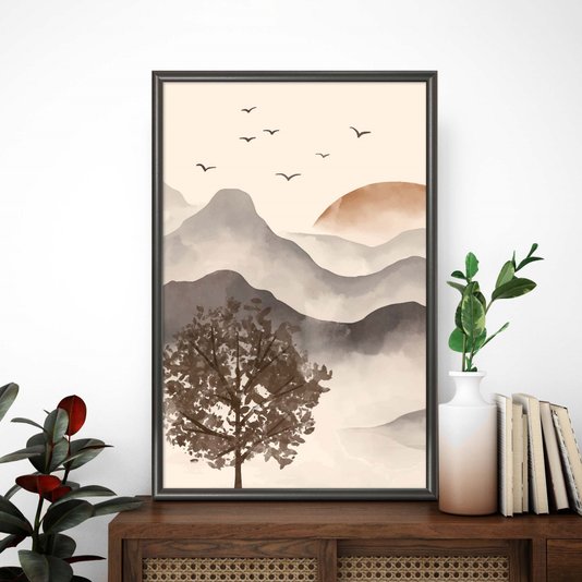 Quadro Decorativo Paisagem Em Aquarela Pôr Do Sol Estilo Japandi