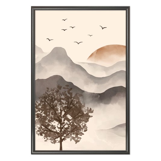 Quadro Decorativo Paisagem Em Aquarela Pôr Do Sol Estilo Japandi