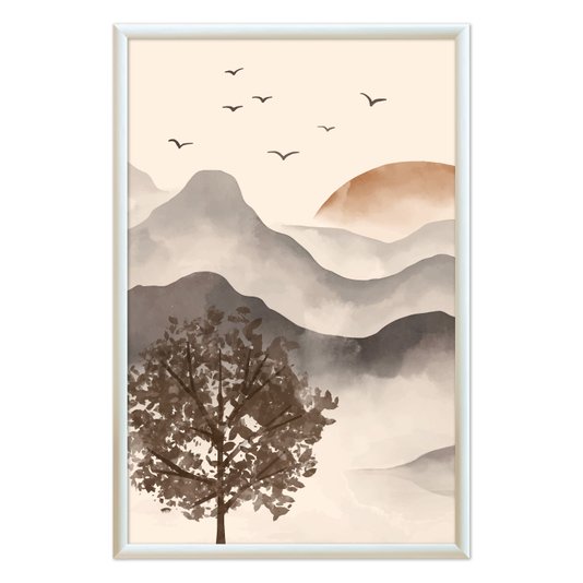 Quadro Decorativo Paisagem Em Aquarela Pôr Do Sol Estilo Japandi