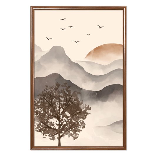 Quadro Decorativo Paisagem Em Aquarela Pôr Do Sol Estilo Japandi
