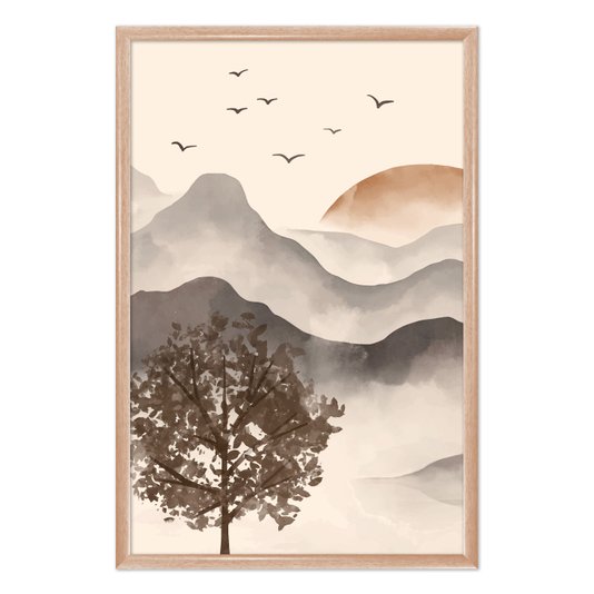 Quadro Decorativo Paisagem Em Aquarela Pôr Do Sol Estilo Japandi