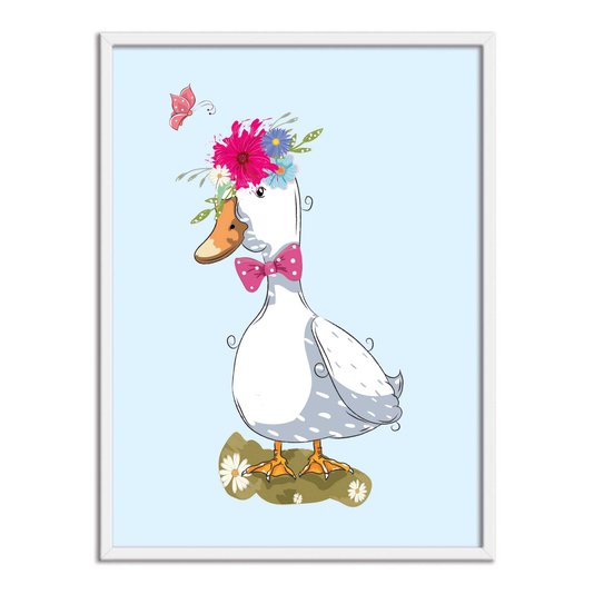 Quadro Decorativo Pato Branco Com Flores Na Cabeça E Gravata Borboleta
