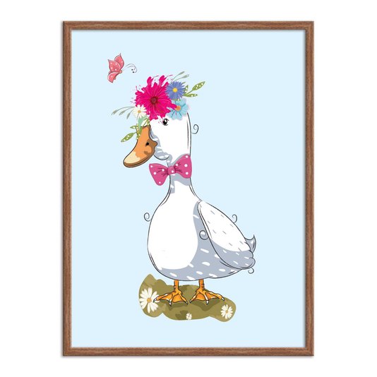 Quadro Decorativo Pato Branco Com Flores Na Cabeça E Gravata Borboleta