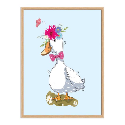 Quadro Decorativo Pato Branco Com Flores Na Cabeça E Gravata Borboleta