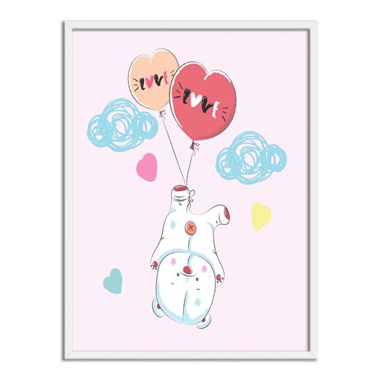 Quadro Decorativo Pequeno Urso Fofo Preso Em Balões Frase: "Love"