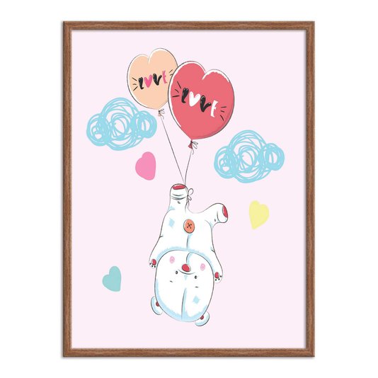 Quadro Decorativo Pequeno Urso Fofo Preso Em Balões Frase: "Love"