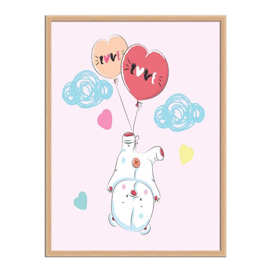 Quadro Decorativo Pequeno Urso Fofo Preso Em Balões Frase: "Love"