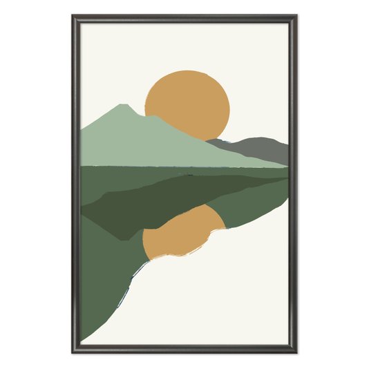 Quadro Decorativo Por Do Sol Nas Montanhas Reflexo Do Lago Estilo Japandi
