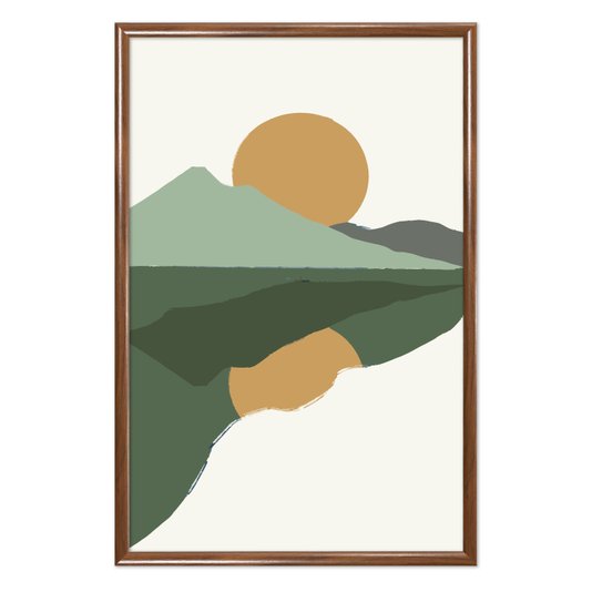 Quadro Decorativo Por Do Sol Nas Montanhas Reflexo Do Lago Estilo Japandi