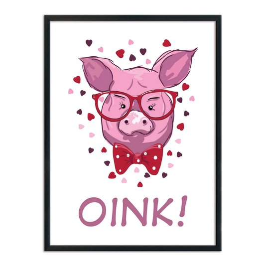 Quadro Decorativo Porco Rosa Com Gravata Borboleta Frase: "Oink!"