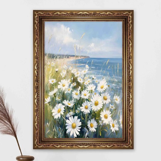 Quadro Decorativo Praia Com Flores Margaridas Vintage