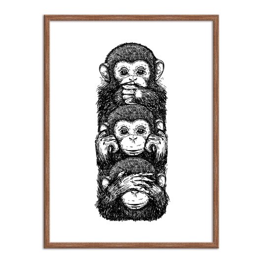 Quadro Decorativo Preto e Branco 3 Macacos Cego Surdo e Mudo