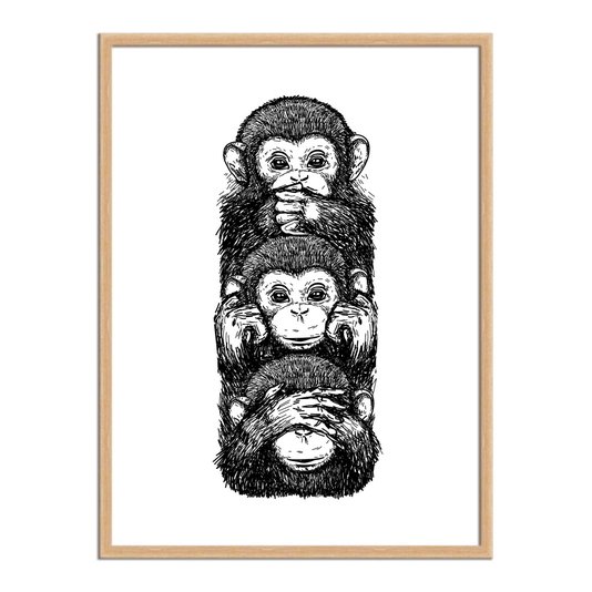 Quadro Decorativo Preto e Branco 3 Macacos Cego Surdo e Mudo