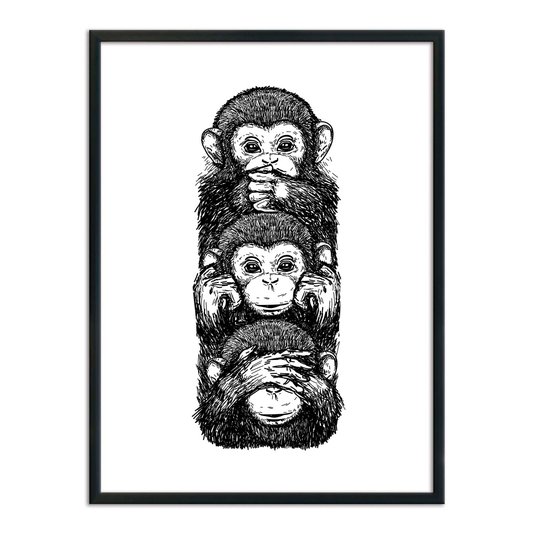 Quadro Decorativo Preto e Branco 3 Macacos Cego Surdo e Mudo