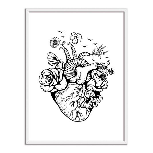 Quadro Decorativo Preto e Branco Coração com Flores
