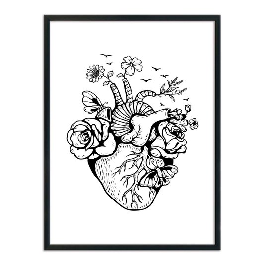 Quadro Decorativo Preto e Branco Coração com Flores