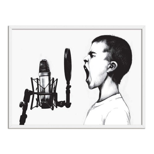 Quadro Decorativo Preto e Branco Menino Gritando ao Microfone