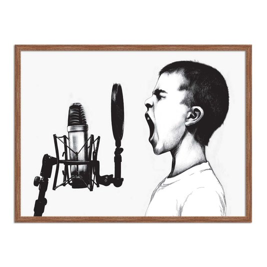 Quadro Decorativo Preto e Branco Menino Gritando ao Microfone