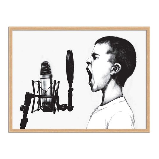 Quadro Decorativo Preto e Branco Menino Gritando ao Microfone