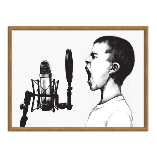 Quadro Decorativo Preto e Branco Menino Gritando ao Microfone