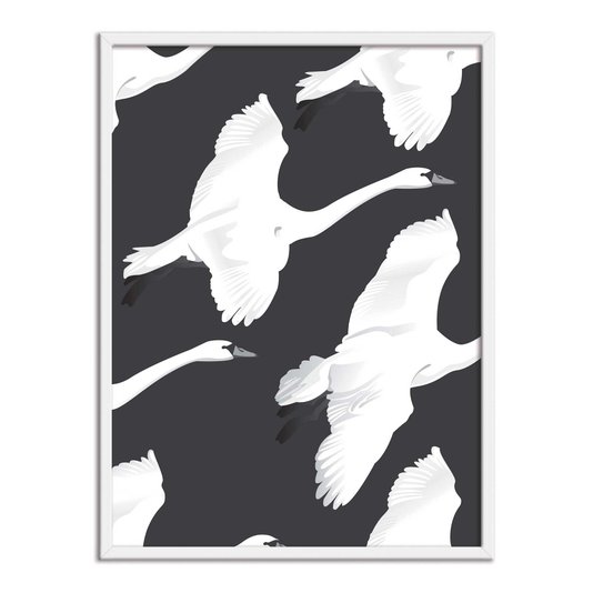 Quadro Decorativo Preto e Branco Pattern de Cisnes Voando