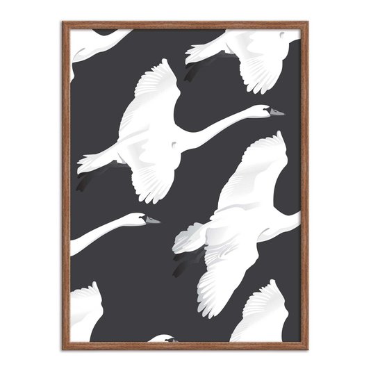 Quadro Decorativo Preto e Branco Pattern de Cisnes Voando