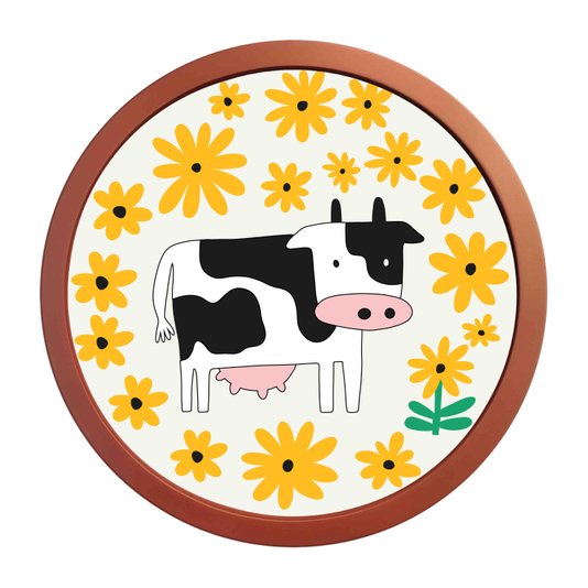 Quadro Decorativo Redondo Animais Vaquinha Com MDF Laqueado