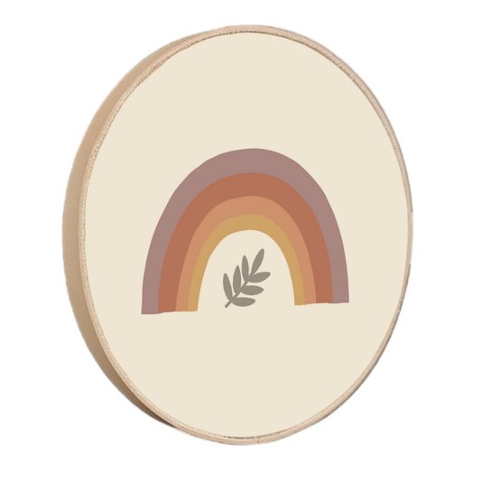 Quadro Decorativo Redondo Arco-Íris e Folha com Moldura em Couro Sintético
