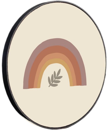 Quadro Decorativo Redondo Arco-Íris e Folha com Moldura em Couro Sintético