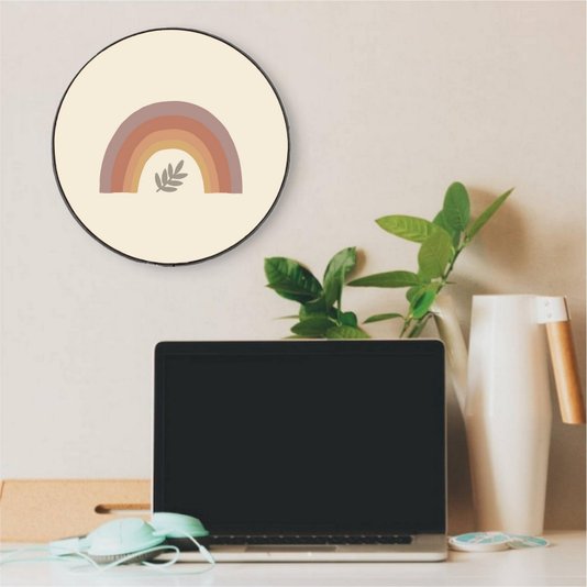 Quadro Decorativo Redondo Arco-Íris e Folha com Moldura em Couro Sintético