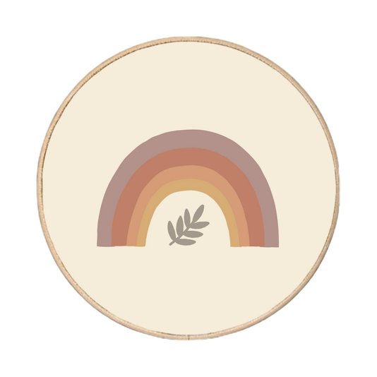Quadro Decorativo Redondo Arco-Íris e Folha com Moldura em Couro Sintético