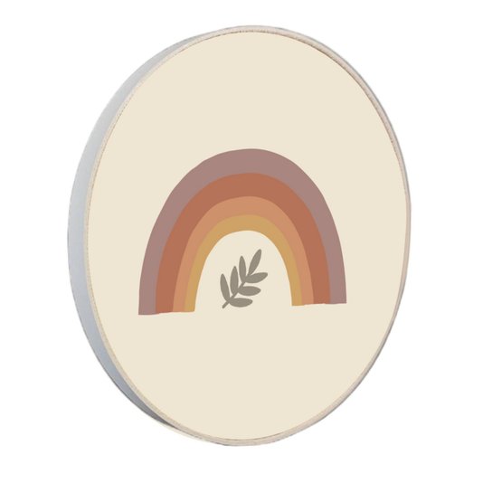 Quadro Decorativo Redondo Arco-Íris e Folha com Moldura em Couro Sintético
