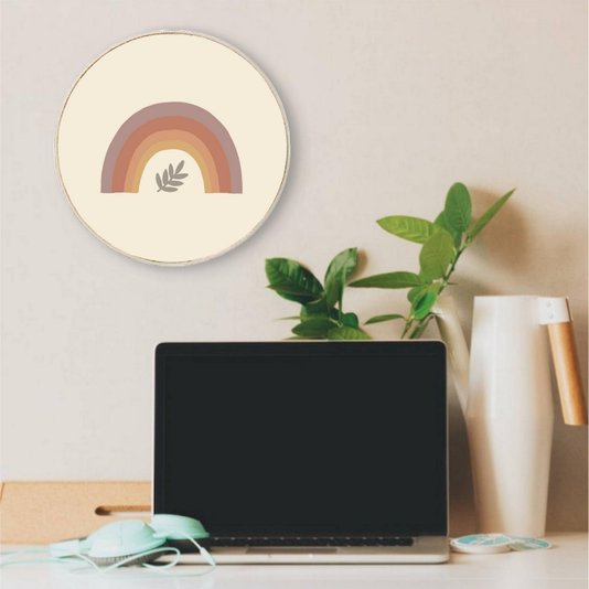 Quadro Decorativo Redondo Arco-Íris e Folha com Moldura em Couro Sintético