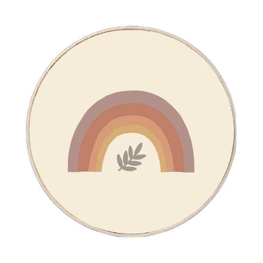 Quadro Decorativo Redondo Arco-Íris e Folha com Moldura em Couro Sintético