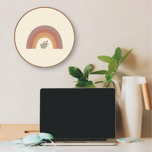 Quadro Decorativo Redondo Arco-Íris e Folha com Moldura em Couro Sintético