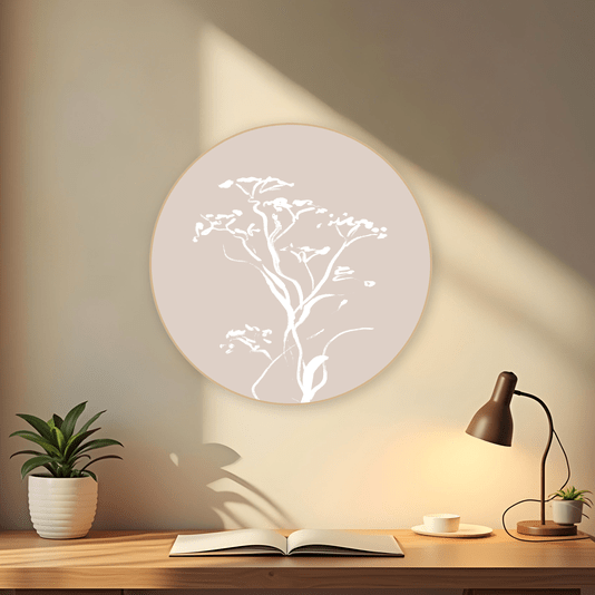 Quadro Decorativo Redondo Árvore Cerejeira Com Moldura Em Couro Sintético Estilo Japandi