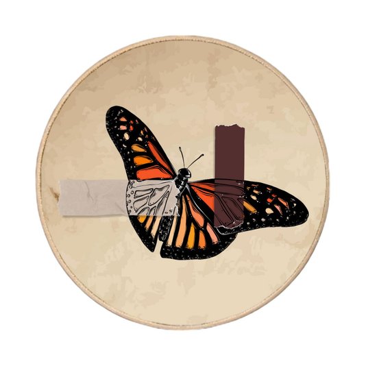 Quadro Decorativo Redondo Borboleta Fita Cinza e Marrom com Moldura em Couro Sintético