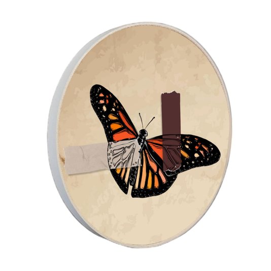 Quadro Decorativo Redondo Borboleta Fita Cinza e Marrom com Moldura em Couro Sintético