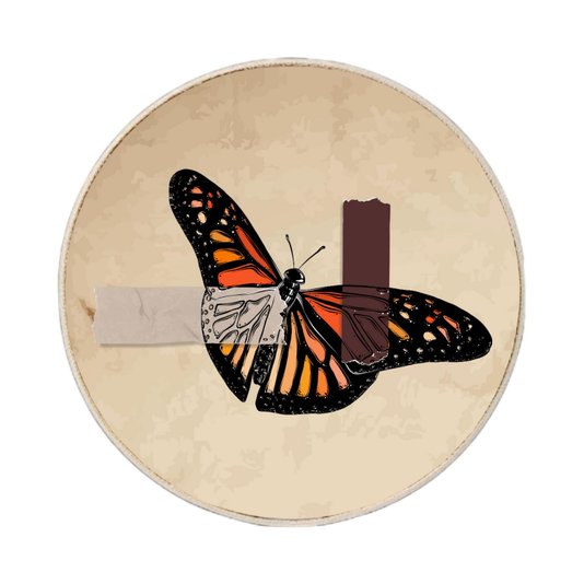 Quadro Decorativo Redondo Borboleta Fita Cinza e Marrom com Moldura em Couro Sintético