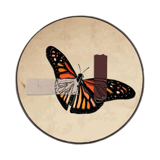 Quadro Decorativo Redondo Borboleta Fita Cinza e Marrom com Moldura em Couro Sintético