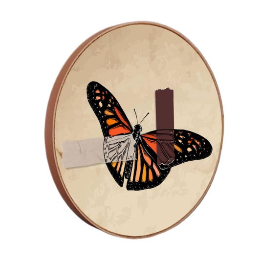 Quadro Decorativo Redondo Borboleta Fita Cinza e Marrom com Moldura em Couro Sintético