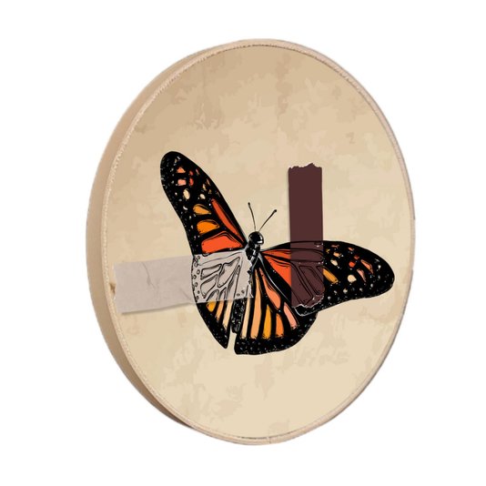 Quadro Decorativo Redondo Borboleta Fita Cinza e Marrom com Moldura em Couro Sintético