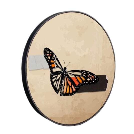 Quadro Decorativo Redondo Borboleta Fita Cinza e Preta com Moldura em Couro Sintético