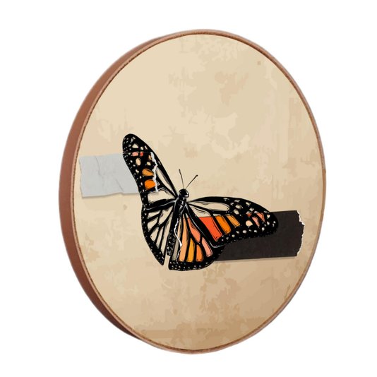 Quadro Decorativo Redondo Borboleta Fita Cinza e Preta com Moldura em Couro Sintético