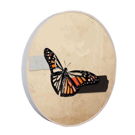Quadro Decorativo Redondo Borboleta Fita Cinza e Preta com Moldura em Couro Sintético