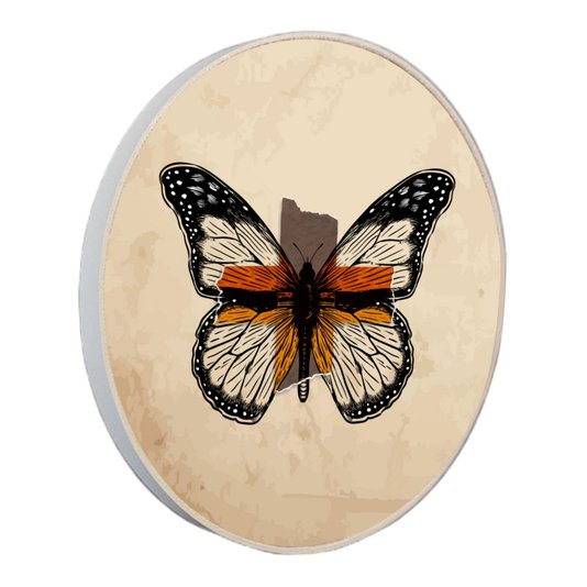 Quadro Decorativo Redondo Borboleta Fitas com Moldura em Couro Sintético Quadro Decorativo Redondo Borboleta Fitas com Moldura em Couro Sintético