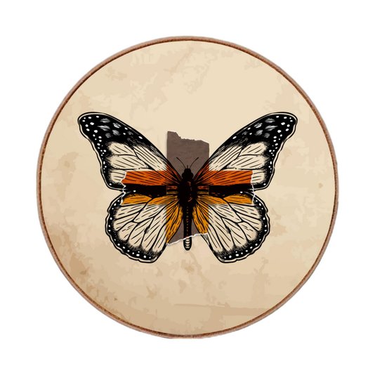 Quadro Decorativo Redondo Borboleta Fitas com Moldura em Couro Sintético