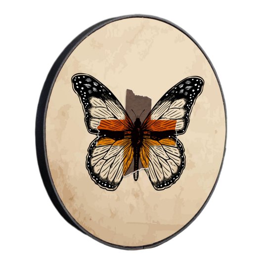 Quadro Decorativo Redondo Borboleta Fitas com Moldura em Couro Sintético