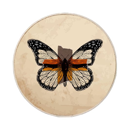Quadro Decorativo Redondo Borboleta Fitas com Moldura em Couro Sintético