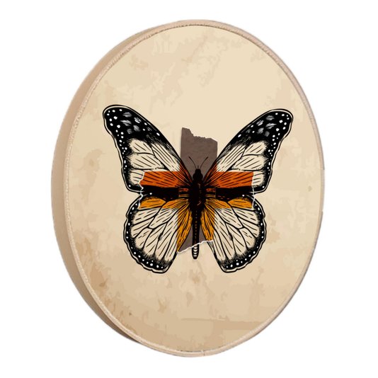 Quadro Decorativo Redondo Borboleta Fitas com Moldura em Couro Sintético